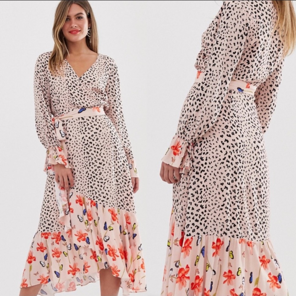 ASOS Leopard and Floral Print Wrap Dress NWT